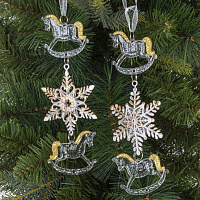 Украшение новогоднеe подвеска"Снежинка с лошадками", L6,5 W1 H19 см, 2в. оптом
